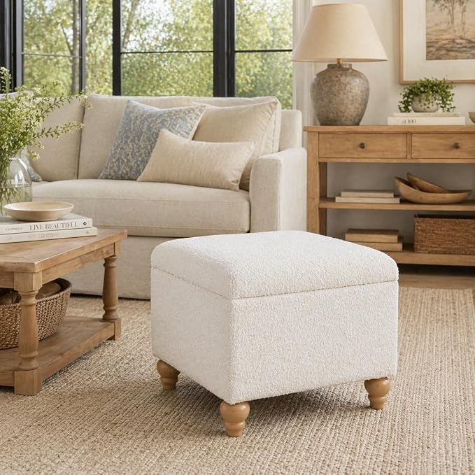 Spatial Order 22" Medium Rectangular Storage Ottoman - Cream Boucle