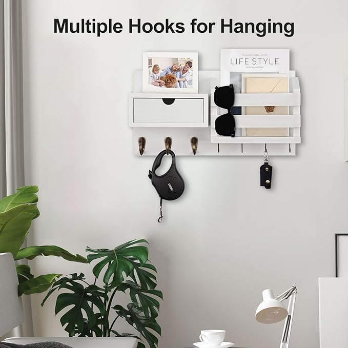 Lwenki Wall Mount Key Holder with Mail Organizer, 100% Paulownia Wood, 7 Metal Hooks, Storage Drawer, Entryway Home Decor (White)
