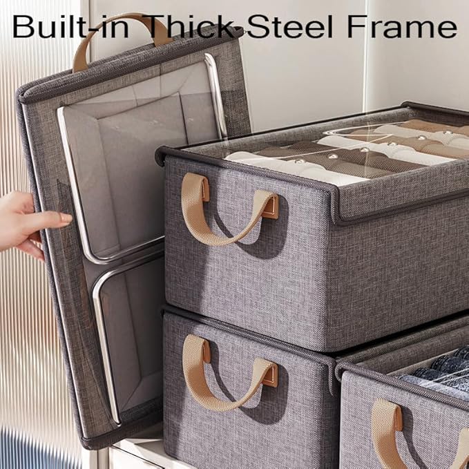 AARAINBOW Closet Clothes Organizer Bins 4 Pc, Fabric Box Storage Shelf Bins Stackable, Foldable Closet Shelf Storage Container with Lid, Fabric Storage Bin with Steel Frame, 23L (4 Gray with Lid)