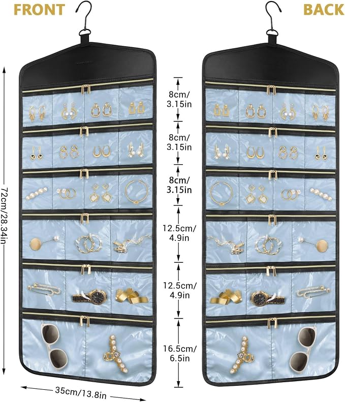 CHICECO Hanging Jewelry Organizer With Zippered Pockets,40 Pockets Travel Jewelry Organizer Storage for Cloest,Wall,Door (Blue)
