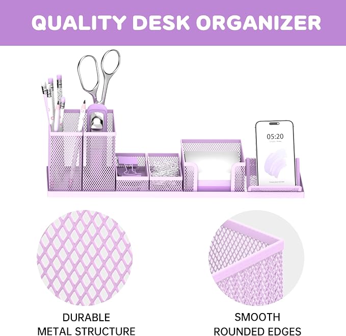 Pen Holder for Desk, 6-Piece Mesh Desk Organizer with Phone Holder, Purple | 6-Piece Black Mesh Desk Set Includes Pen Cups, a Sticky Note Caddy and Phone Holder for Office, School, Home