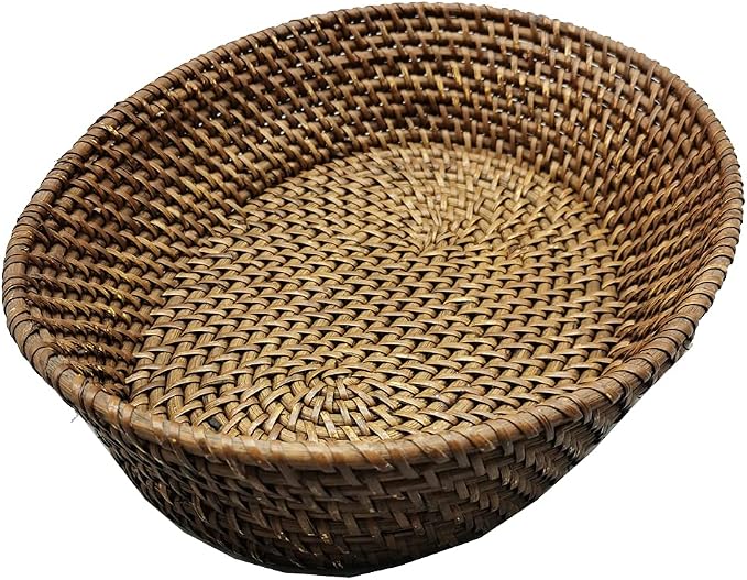 14 Inch Oval Rattan Basket, Handmade Wicker Serving Basket Tray with 3.5 Inch Raised Sides, Large Rattan Fruit Bowl, Coffee Table Décor for Bread, Snack, Makeup, Valet, Odds and Ends, L, Brown