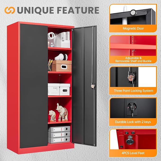 Metal Garage Storage Cabinets with Lock, 72" Tall Tool Cabinet with 2 Door and 4 Adjustable Shelves, Locking Garage Cabinets and Lockable Steel Locker for Home Office Warehouse-(Red Black-72”H)