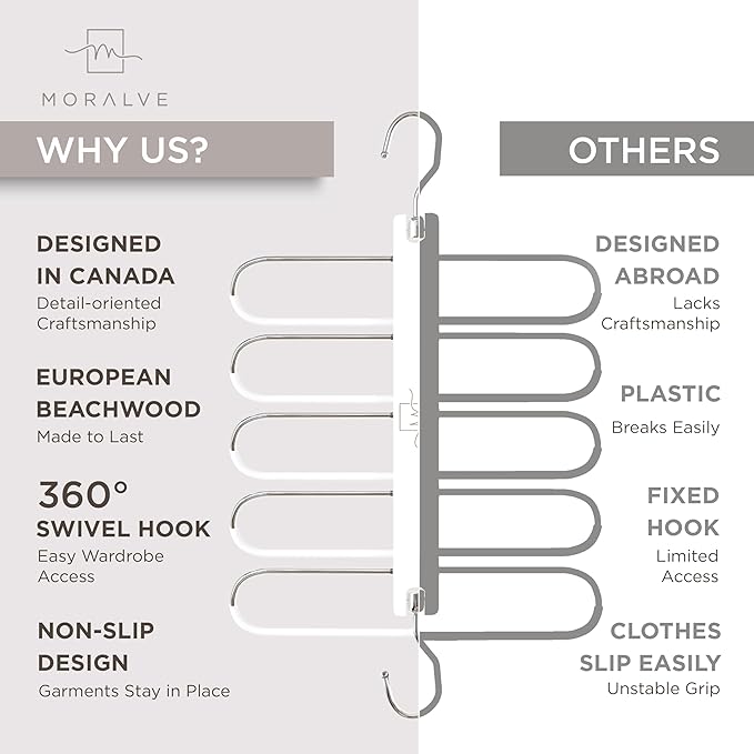 MORALVE Pants Hangers Space Saving - 4 Pack European Beechwood Scarf and Jean Hangers - Closet Organizer and Space Saver Pant Rack, Leggings Hanger, and Scarf Holder with 360° Swivel Hook