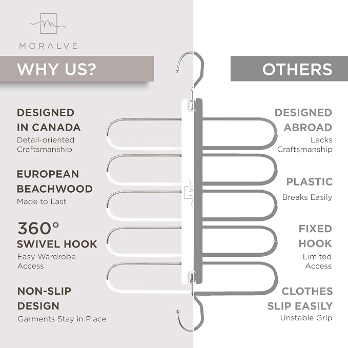 MORALVE Pants Hangers Space Saving - 2 Pack European Beechwood Scarf and Jean Hangers - Closet Organizer and Space Saver Pant Rack, Leggings Hanger, and Scarf Holder with 360° Swivel Hook