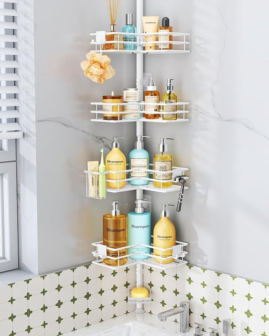HapiRm Corner Shower Caddy Organizer - Shower Rack with Toothbrush Holder | Shower Shelves with Soap Holder and 4 Hooks,Rustproof Bathroom Storage Tension Pole Available for 27.6 to 108.3 Inch - White