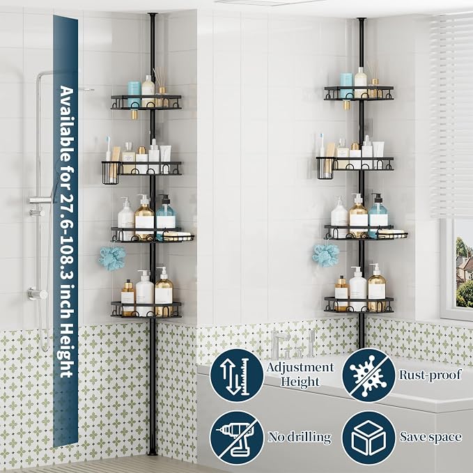 Consumest Shower Caddy Tension Pole - 4 Tier Corner Shower Shelves with Brush & Soap Holder, 304 Stainless Steel Rustproof Adjustable Organizer Rack for Bathtub, Bathroom, 27.6-108.3 Inch, Black