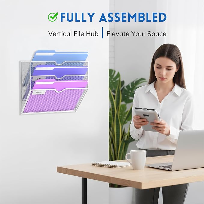 3-Tier Wall File Organizer, Hanging File Organizer, White | Wall-mounted mail storage holds papers, folders, files, clipboards and magazines, assembly required for office or home use.