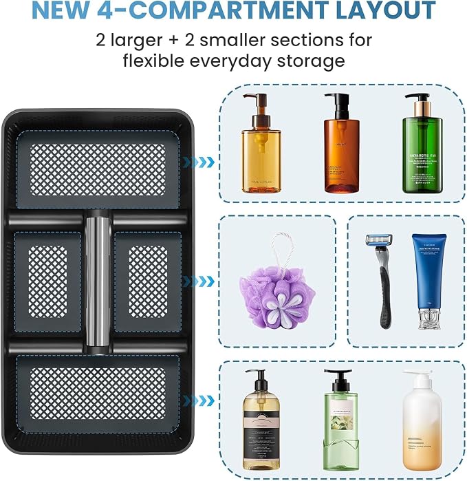 BYUNER Plastic Shower Caddy Dorm: Portable Cleaning & Shower Caddy with Handle, 4 Divided Compartments, All-Side Drainage, Rigid Plastic Basket Tote for College Dorm & Bathroom Use, Black/Silver