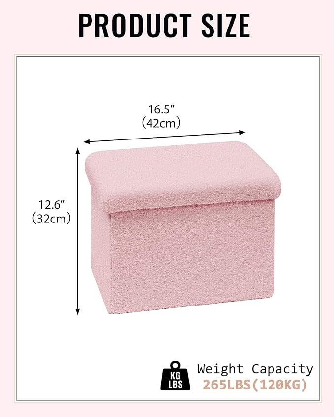 Small Ottoman with Storage, Sherpa Storage Ottoman Cube, Boucle Folding Foot Rest for Dorm, Living Room, Bedroom, Pink, 16.5"x12.6"x12.6"