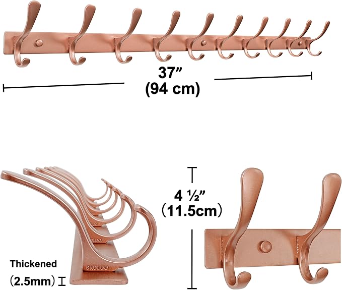 SKOLOO Coat Rack Wall Mounted - 10 Hooks, Heavy Duty, Stainless Steel, Metal Wall Hanger, Sturdy Coat Hooks for Hanging Coats, Jacket, Clothes, Hat, Matte Rose Gold