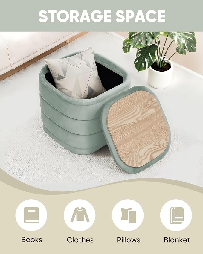 B FSOBEIIALEO Velvet Storage Ottoman with Tray, Square Folding Ottoman with Storage Coffee Table Foot Rest for Dorm Room, Living Room Sage, 15"x15"x15"