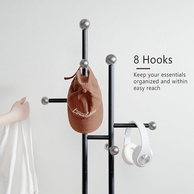 Metal Standing Coat Rack for Entryway Bedroom Living Room (Black) | Easy Assembly, Compact Footprint, Space Saver, Metal Frame, Marble Base, Sturdy, 8 Spherical Hooks, Office, Corner