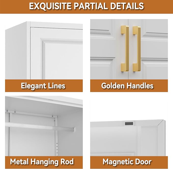 Polup 86" Tall White Metal Armoire Wardrobe Closet with Hanging Rod | Heavy Duty Steel Clothing Storage Cabinet, 4 Doors, 180lbs Adjustable Shelves, Shipped in 2 Packages for Bedroom, Garage