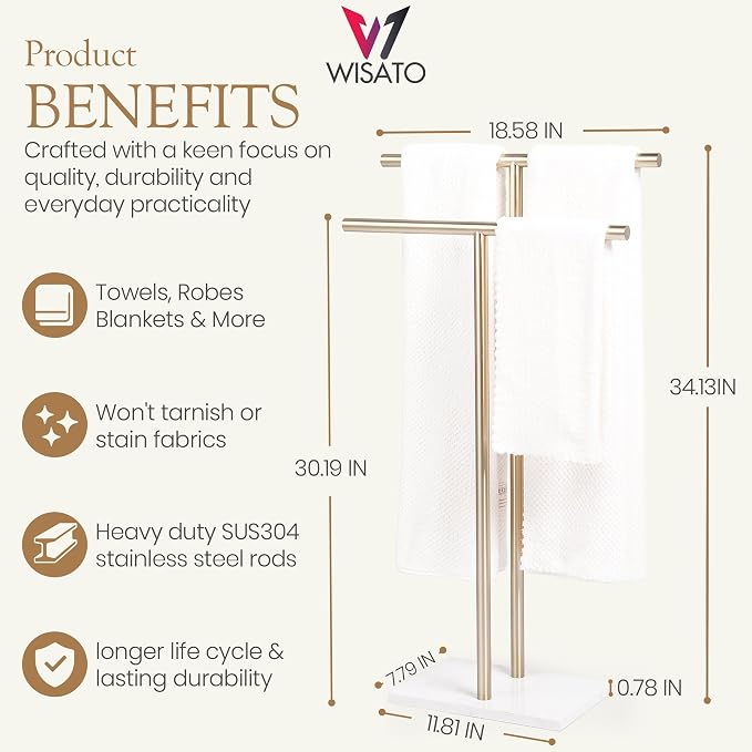 Free Standing Towel Rack for Bathroom - Satin Gold Finish - Stand Alone 2 Tier Stainless Steel Towel Rack for Bathroom Floor with Heavy Marble Base, Double T Shape Drying Stand for Towels