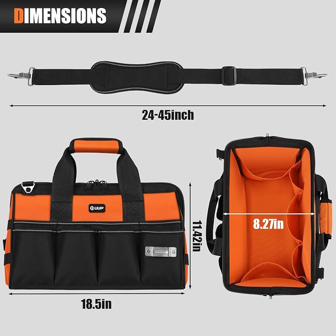 UUP 18" Large Tool Bag, Heavy Duty Spacious Tool Box Organizer, Orange | 16 Pockets & MOLLE. Detachable Strap & Handle. Non-slip Base, Metal Buckle. 30lb Holds Drill/Tool on Truck, Garage, Men Gift.