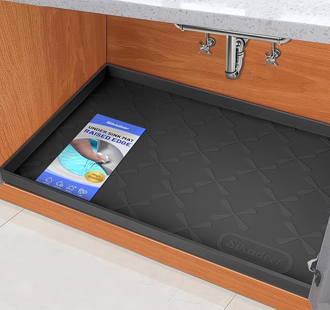 SIKADEER Waterproof Under Sink Mat Food-Grade Kitchen Shelf Liner 34" x 19" | Thick Raised Edge Cabinet Protector, BPA Free Kitchen Organizer and Storage, Non-Slip Dog & Cat Mat, Silicone Drying Mat