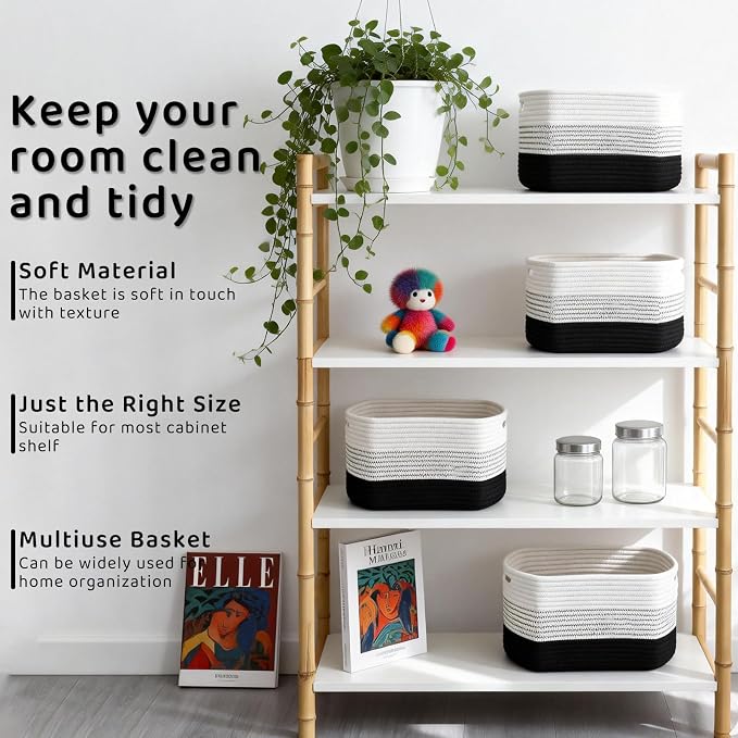 4 Pack Storage Baskets for Organizing, 11''Lx9''Wx8''H Woven Baskets for Storage Toys, Towels, Books, and Clothes, Cotton Rope Basket for Shelves with Handle