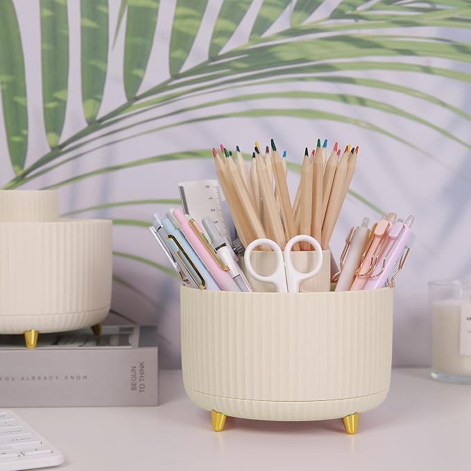 SKYDUE 2 Pack Pen Holder, 360 Degree Rotating Pencil Holder for Desk Organizer, Rotating Desktop Pen Organizer with 5 Slots, Office Supplies, Pencil Cup for Office, School, Home