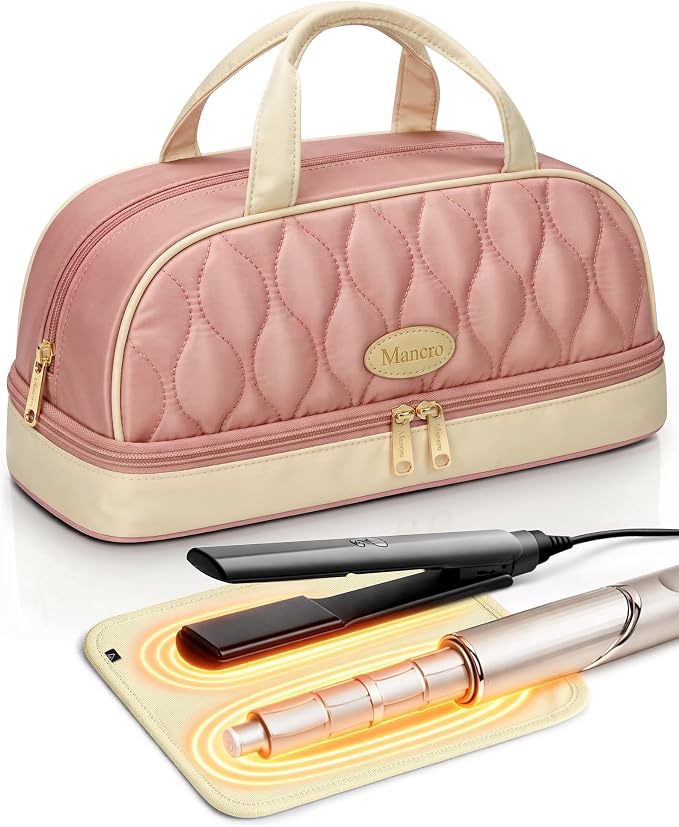 Mancro Carrying Case for Shark FlexStyle, Quilted Hair Tools Travel Bag | with Heat-Resistant Mat, Travel Case for Dyson Airwrap & Shark FlexFusion, Hair Dryer Organizer for Women, Pink