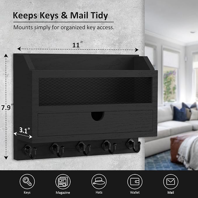 Nekon Key and Mail Holder for Wall, Key Organizer with 5 Hooks & Storage Drawer, 11" W x 7.9" H x 3.1" D Wooden Key Rack for Entryway and Home Decor (Black)