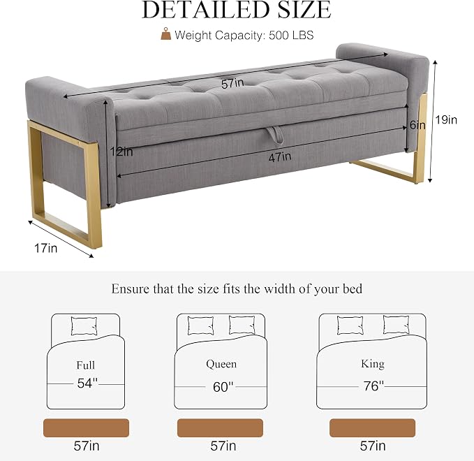 adochr 57" Storage Ottoman Bench, Upholstered End of Bed Bench, Light Grey | Metal Legs & Button-Tufted, Linen Ottoman with Storage 500 lb Capacity for Living Room, Bedroom, Entryway