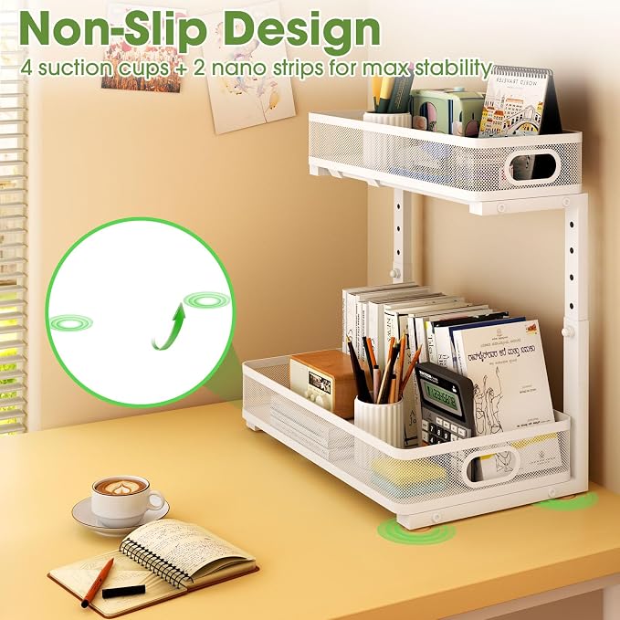 Under Sink Organizer 4-Pack, Metal 2-Tier Pull-Out Cabinet Shelf with Slide-Out Mesh Drawers, Height Adjustable, Space-Saving Storage Racks for Kitchen, Bathroom, Laundry Room, White