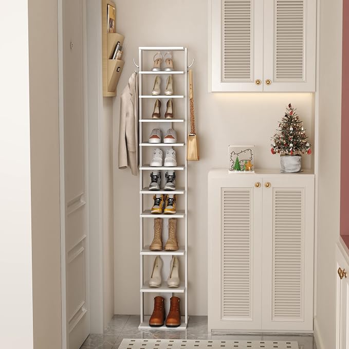 HOMEFORT 10-Tier Vertical Shoe Rack, Corner Shoe Tower, Slim Shoe Organizer with Two Hanging Hooks, Wooden Shoe Storage Stand for Entryway, Hallway, Closet (White)