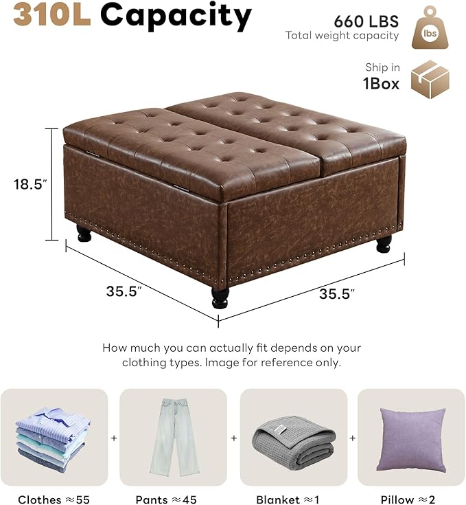 Tbfit Large Square Storage Ottoman Bench, Tufted Upholstered Coffee Table Ottoman with Lift Top & Solid Wood Legs, Oversized Storage Ottomans Toy Box for Living Room (Brown)