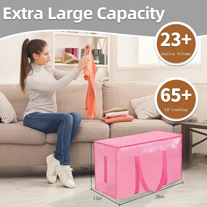 12 Pack-Extra Large Heavy Duty Moving Bags - Waterproof Storage Totes with Handles & Zippers, Foldable for College Dorm, Storage (Pink)