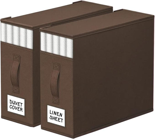 StorageTastic 2 Pack Bed Sheet Closet Organizers and Storage,Sturdy Foldable Storage Containers with Window and Label,Storage and Organization for Bedding Sheets,Duvet Covers,Blankets (Brown)