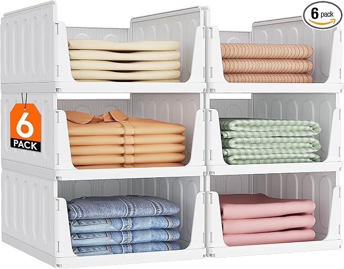Lifewit 6 Pack Stacking Closet Organizers Shelf for Clothes 16.5" Depth | Plastic Stackable Sweater Storage basket Bins for Wardrobe, Multifunctional Pants Organizer for RV, Pantry, Kitchen, Dorm