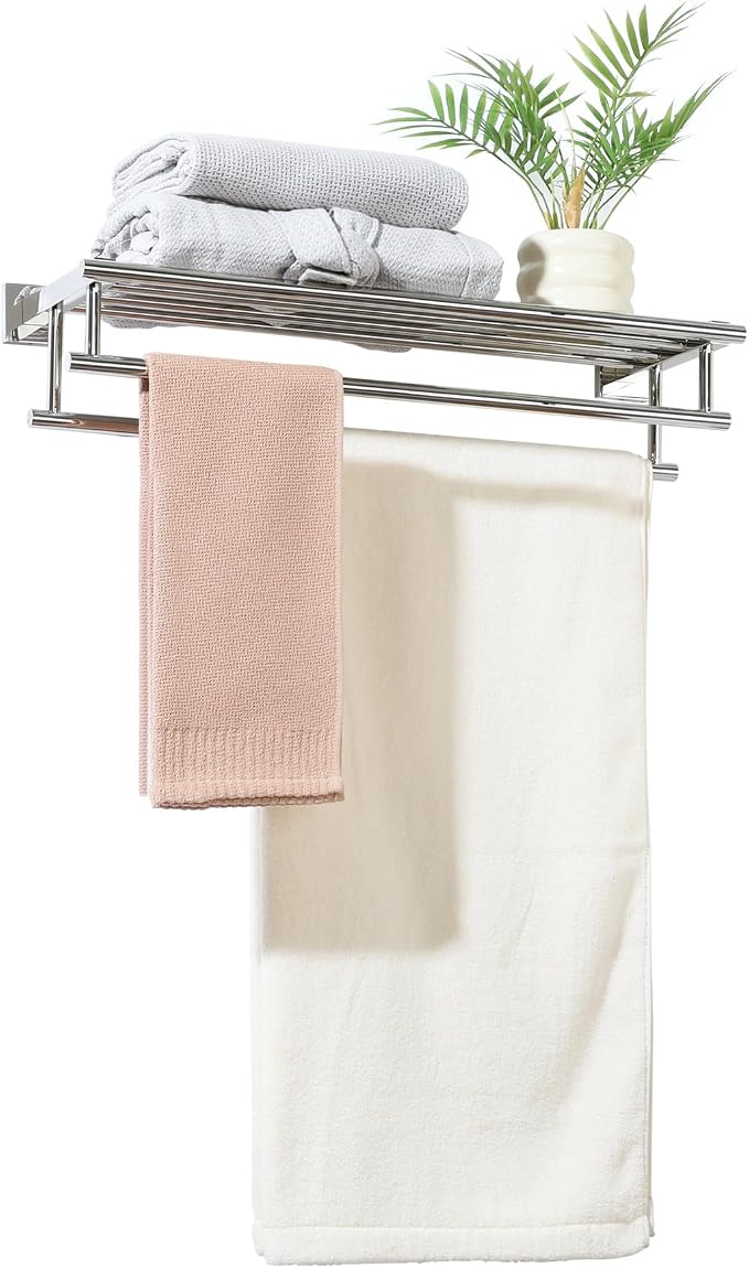 Alise Double Towel Rack for Bathroom Wall Mounted 20 Inch,Polished Chrome | SUS304 Stainless Steel Towel Rack with Shelf,Bathroom Tower Holder Towel Shelf with Double Towel Bars for Lavatory Kitchen
