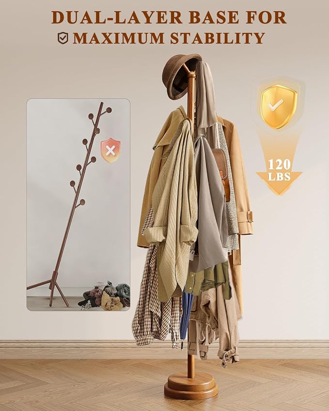 STARSAGA Solid Wood Coat Rack Freestanding Coat Tree with 8 Hooks | Adjustable Height Heavy Duty Coat Rack with Rounded Hooks & Dual-Layer Base, Holds Coats Hats Bags for Entryway, Bedroom