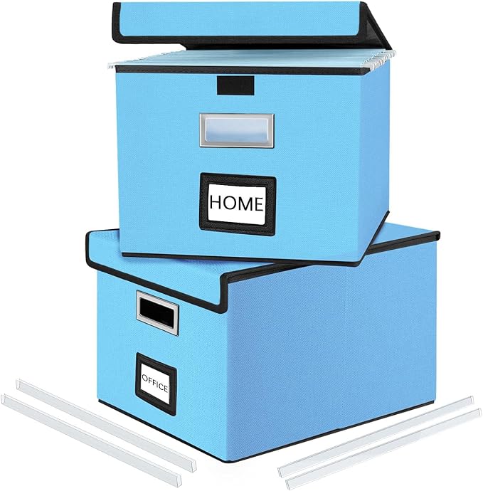 File Organizer Box with Lids, Collapsible File Folder Organizer | File Box with Plastic Slides for Document, Filing Bin for Letter Size Hanging File Folders (2 Pack, Sky-blue)