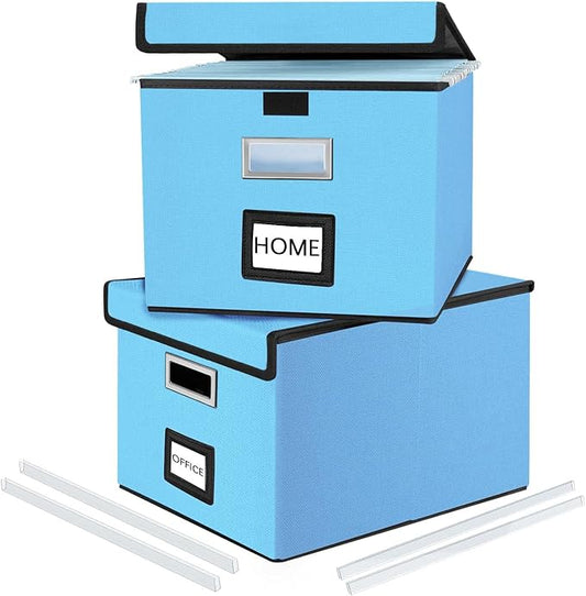 File Organizer Box with Lids, Collapsible File Folder Organizer | File Box with Plastic Slides for Document, Filing Bin for Letter Size Hanging File Folders (2 Pack, Sky-blue)