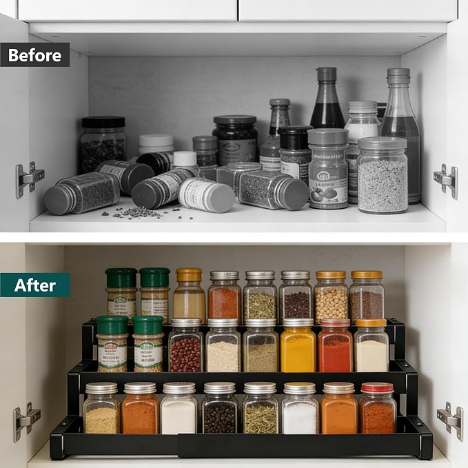bealy Expandable 3-Tier Spice Rack Organizer for Cabinet, Adjustable Length 16“-29” Spice Shelf, Metal Spice Organization for Cabinet Countertop Pantry, Slip-Resistant Design for Jars and Bottles