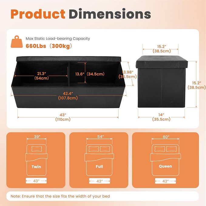 Sweetcrispy 43 Inch Storage Ottoman Bench, Folding Ottoman with Storage | Foot Rest Stool with Padded Seat, End of Bed Storage Bench for Living Room, Bedroom, Loads 660 LBS, Synthetic Leather, Black
