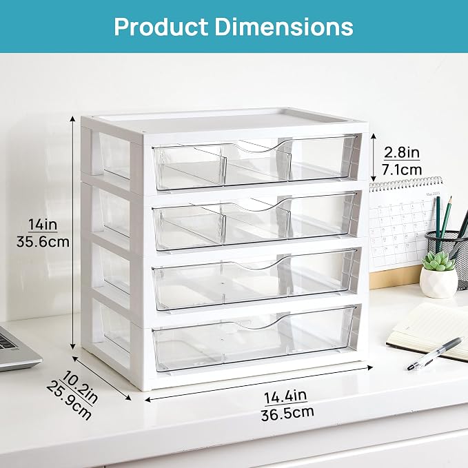 Vtopmart Clear Desktop Organizer, 4-Tier Drawer Storage with Dividers