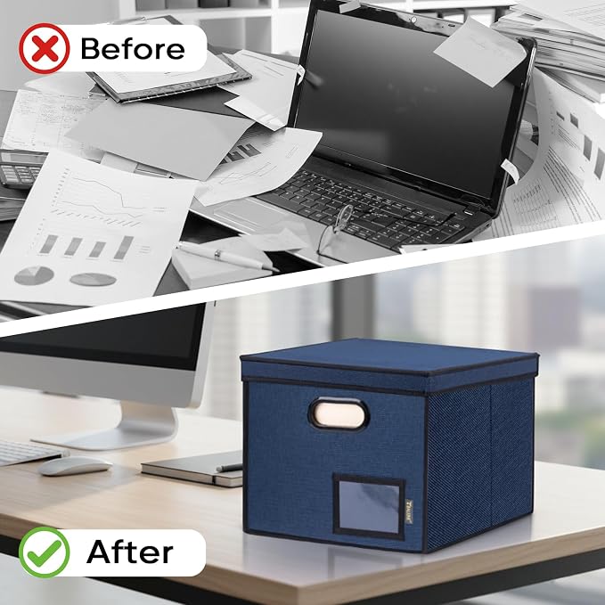 BALEINE File Organizer Box with Lid, Collapsible File Folder Organizer with Plastic Slide, Hanging File Folder Box for Office Document Storage (Tab Friendly, 2 Pack, Blue)