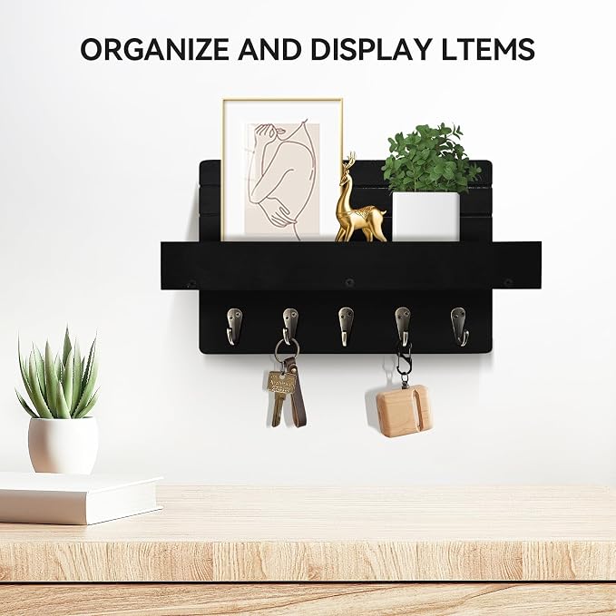 Key Holder Wall Mount, Decorative Key Rack with Shelf & 5 Sturdy Hooks, Rustic Key Hooks for Wall for Mail Organizer Hanging Dog Leash, Glasses, Wooden Key Hanger with Mounting Hardware