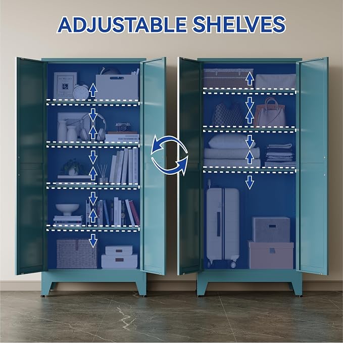 COFaR Metal Pantry Cabinet with Doors, Farmhouse 71'' Tall Storage Cabinet with 4 Adjustable Shelves, Kitchen Pantry Cabinet for Dinning Room, Laundry, Peacock Blue 5-Tier