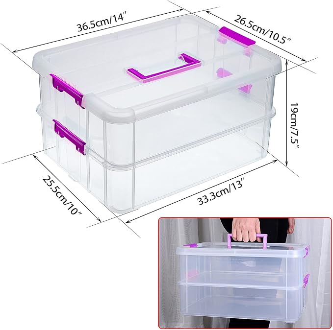JUXYES 2-Tiers Plastic Stack Carry Storage Containers Box wih Handle Lids | Clear Stackable Latching Craft Storage Bin for School Office, Organizing Stationery, Sewing, Art Craft, DIY Supplies, Purple