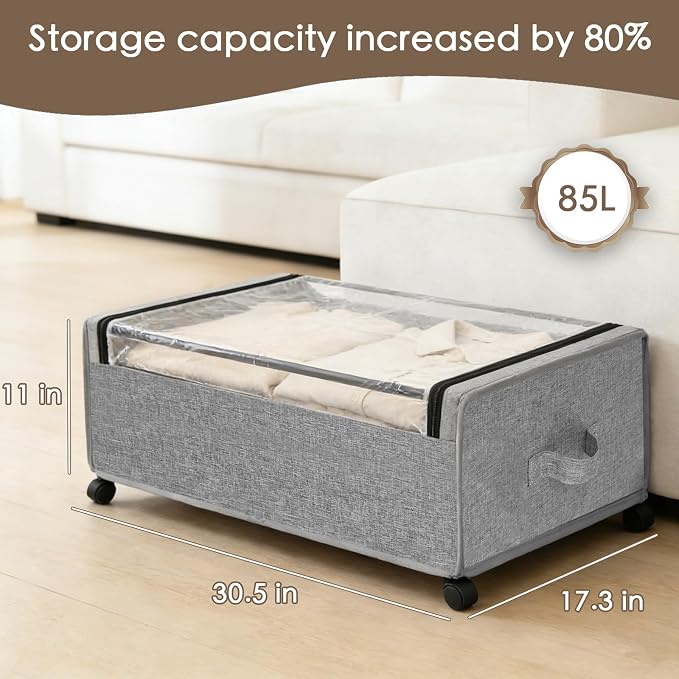 Under Bed Storage with Wheels, 4-Pack Under the Bed Storage Containers with Clear Lids & Label, Underbed Storage Bins, XXXL 85L 11 inches Rolling Metal Drawer for Clothes, Shoes, Toys, Books - Gray