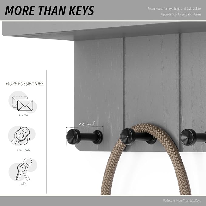 Rebee Vision Key Holder Wall Mount with 7 Hooks for Room Decor, Light Gray | Key and Mail Holder for Wall, Shelf, Plant Display, Mail Sorter, Aesthetic Home Decor, Apartment Essentials, Stylish Storage