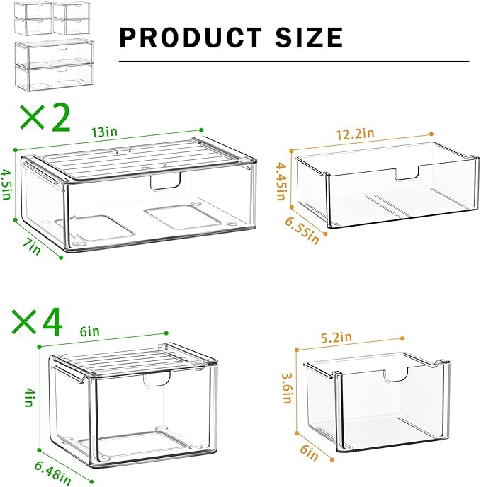caktraie 6-Pack Acrylic Stackable Storage Drawers for Vanity, Desk, Bath | 2 large & wide 13" drawers, Smooth-glide, stackable, clear body, dustproof, wipe clean, for makeup, pantry jars, under sink