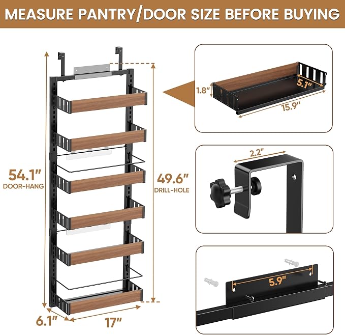 POKIPO 6 Tier Over The Door Pantry Organizer, 2-in-1 Door Hanging or Wall Mounted Spice Rack, Large Heavy Duty Pantry Door Storage Seasoning Shelves with Adjustable Basket for Kitchen Bathroom Closet