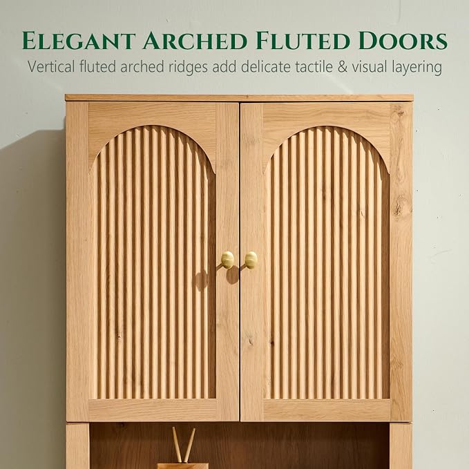72" Over The Toilet Storage Cabinet, Modern Over Toilet Bathroom Organizer Shelf with Fluted Arched Doors, Wooden Free Standing Bathroom Storage Cabinet with Adjustable Shelf, Space Saver, Natural Oak