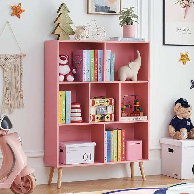 LEYAOYAO Cube Bookshelf, Mid-Century Modern Book Shelf with Legs,Light Pink | 3 Tier Bookcase, Rustic Wood Bookshelves Freestanding Small Storage Organizer, Open Shelves for Bedroom, Living Room, Office