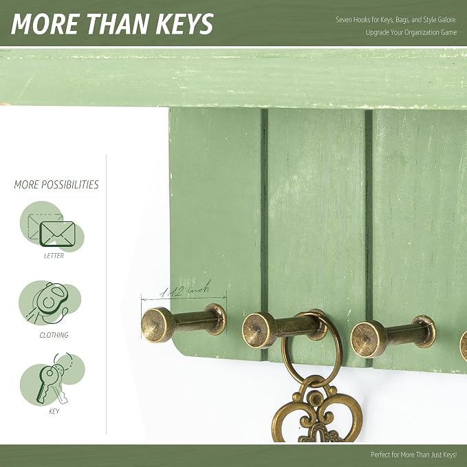 Rebee Vision Key Holder Wall Mount with 7 Hooks for Home Decor, Green | Pine Wood, Key Holder for Wall, Floating Shelf, Hats and Leashes Hanging, Small Essentials Storage, Stylish Home Decor